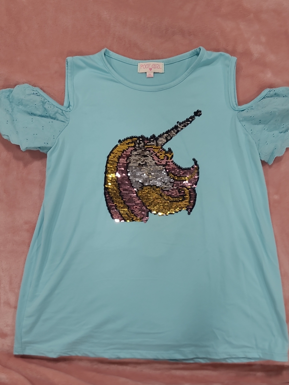 Kids' Light Aqua Cold-Shoulder Sequin Unicorn Tee by Posh Girl
